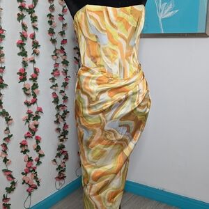 Bardot Strapless Asymmetrical Dress in Yellow and Orange Swirl